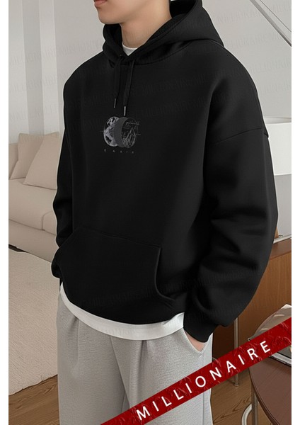 Erkek Siyah Earth Kapüşonlu Oversize 3 Iplik Şardonlu Salaş Bol Kesim Hoodie Sweatshirt