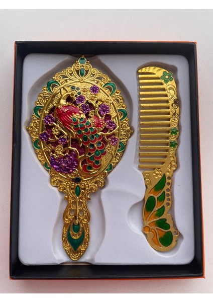 Ayna Tarak Seti, Kutulu-Metal-Hediyelik Takım, 13CM Aynalı Saç Fırçası, Tavuskuşu Figürlü