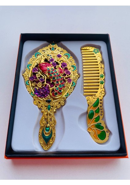 Ayna Tarak Seti, Kutulu-Metal-Hediyelik Takım, 13CM Aynalı Saç Fırçası, Tavuskuşu Figürlü modelleri
