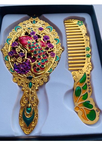 Ayna Tarak Seti, Kutulu-Metal-Hediyelik Takım, 13CM Aynalı Saç Fırçası, Tavuskuşu Figürlü indirimleri