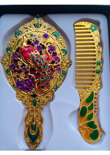 Ayna Tarak Seti, Kutulu-Metal-Hediyelik Takım, 13CM Aynalı Saç Fırçası, Tavuskuşu Figürlü