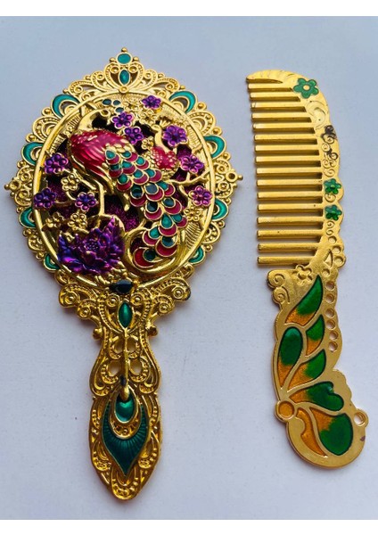 Ayna Tarak Seti, Kutulu-Metal-Hediyelik Takım, 13CM Aynalı Saç Fırçası, Tavuskuşu Figürlü