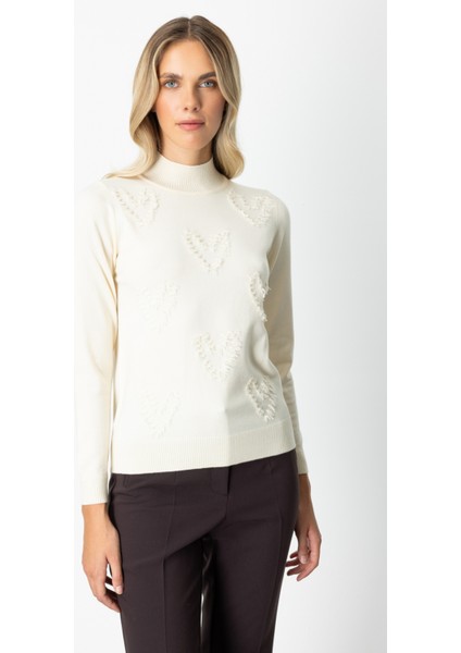 Kadın Püsküllü Kalp Detaylı Dik Yaka Kazak 65325 Ekru fiyatları