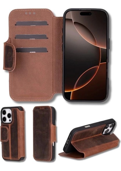 Apple iPhone 16 Pro Uyumlu, Hakiki Deri, El Yapımı, Cüzdanlı Kılıf, Antik Kahve