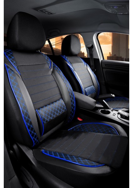 Hyundai Matrix Uyumlu Yarı Deri Oto Koltuk Kılıfı Ön/arka Set Neta Seri Siyah-Mavi fiyatları