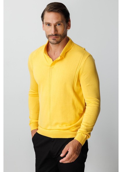 Sarı Standart Fit Polo Yaka Düz Uzun Kollu Triko