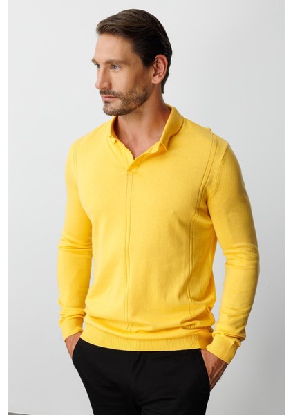 Sarı Standart Fit Polo Yaka Düz Uzun Kollu Triko fiyatları