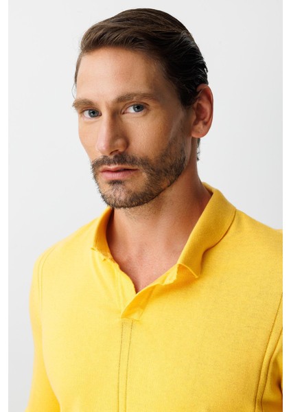 Sarı Standart Fit Polo Yaka Düz Uzun Kollu Triko modelleri