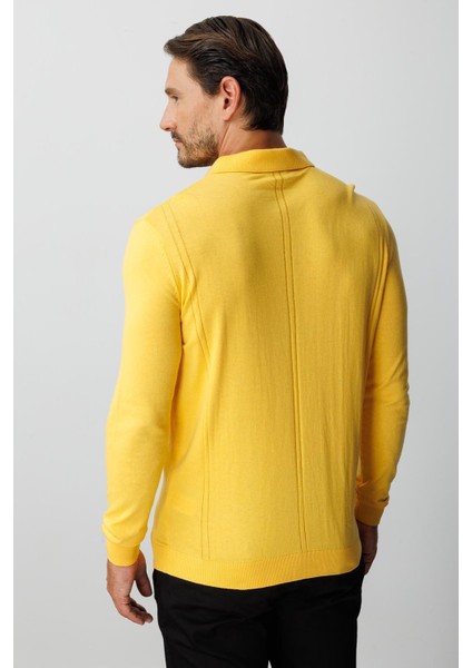 Sarı Standart Fit Polo Yaka Düz Uzun Kollu Triko fırsatları