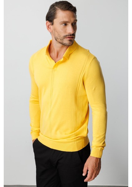 Sarı Standart Fit Polo Yaka Düz Uzun Kollu Triko indirimleri