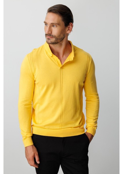 Sarı Standart Fit Polo Yaka Düz Uzun Kollu Triko