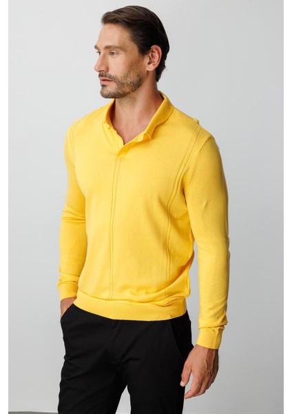 Sarı Standart Fit Polo Yaka Düz Uzun Kollu Triko