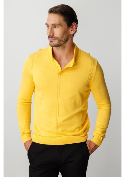 Sarı Standart Fit Polo Yaka Düz Uzun Kollu Triko