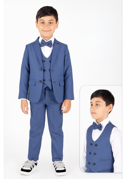 Erkek Çocuk Mavi Yelekli Takım Elbise 5’li Set – Ceket, Yelek, Pantolon, Gömlek ve Papyon – Özel Gün Şıklığı
