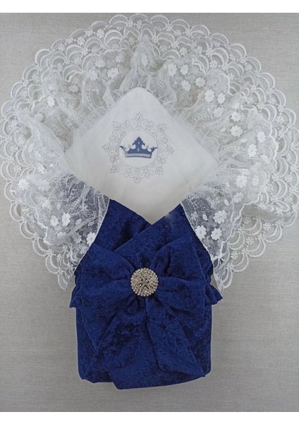 Litaetrend Yenidoğan Saray Kadife Taç Nakışlı Inci Fiyonklu Çift Dantel Duvak Trilüks Kundak Bebek Battaniyesi Lacivert