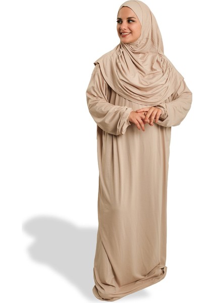 Bej Iki Parça Namaz Elbisesi Viskon Düz 2504_12