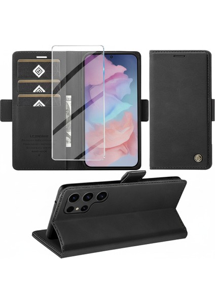 Samsung Galaxy S23 Ultra Uyumlu Ekran Koruyuculu Kılıf Kapaklı Kartlıklı Deri Görünümlü Standlı Kapak