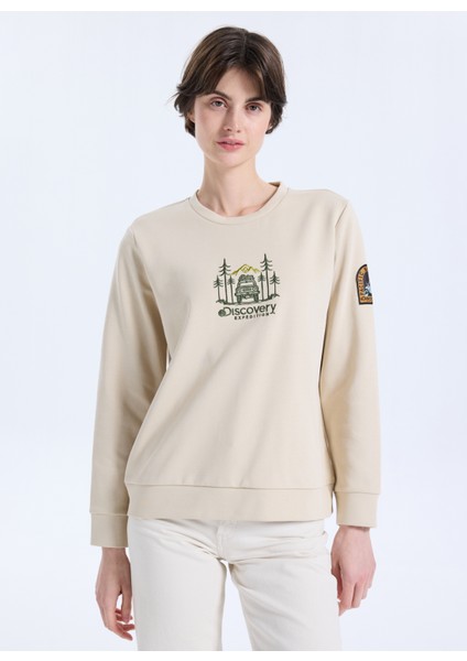 D5WL-SWT3612 Bej Bisiklet Yaka Relaxed Nakışlı Kadın Sweatshırt