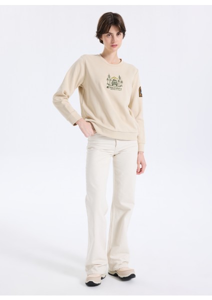 D5WL-SWT3612 Bej Bisiklet Yaka Relaxed Nakışlı Kadın Sweatshırt fiyatları