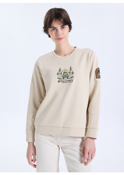 D5WL-SWT3612 Bej Bisiklet Yaka Relaxed Nakışlı Kadın Sweatshırt modelleri
