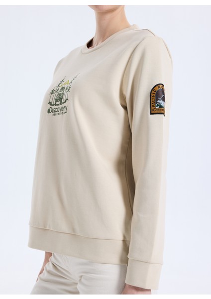D5WL-SWT3612 Bej Bisiklet Yaka Relaxed Nakışlı Kadın Sweatshırt fırsatları