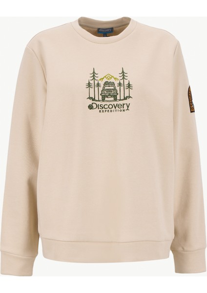 D5WL-SWT3612 Bej Bisiklet Yaka Relaxed Nakışlı Kadın Sweatshırt