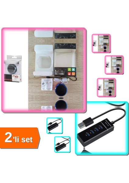Kablosuz Bluetooth Hoparlör + 4 Girişli USB Çoğaltıcı - 2li Set ABC123
