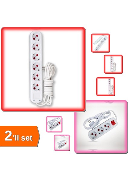 3 mt Kablolu 6'lı + 2 mt Kablolu Anahtarlı 3'lü Topraklı Grup Priz Seti - Enerji Çözümü KPL6A3X