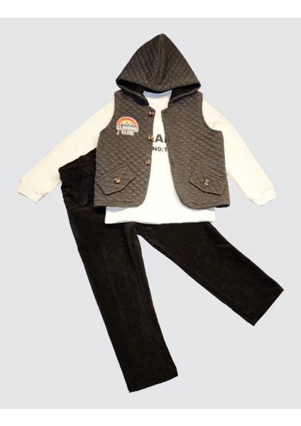 Litaetrend 3-4-5 Yaş Fitilli Kadife Pantolon Kapitone Kapşonlu Yelek Uzun Kollu Sweat 3lü Erkek Çocuk Takımı Füme