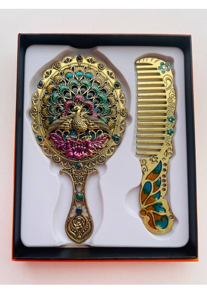 Ayna Tarak Seti, Kutulu-Metal-Hediyelik Takım, 13CM Aynalı Saç Fırçası, Tavuskuşu Figürlü