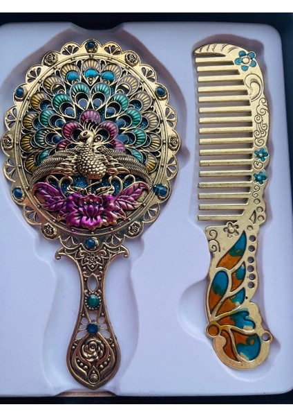 Ayna Tarak Seti, Kutulu-Metal-Hediyelik Takım, 13CM Aynalı Saç Fırçası, Tavuskuşu Figürlü modelleri