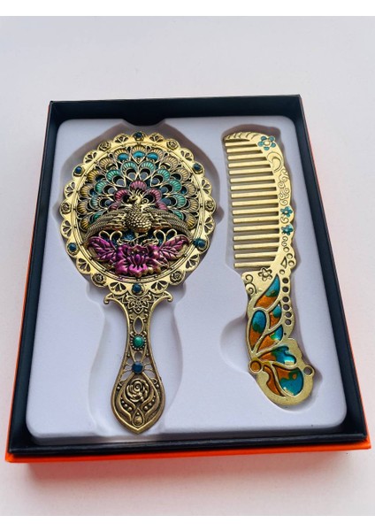 Ayna Tarak Seti, Kutulu-Metal-Hediyelik Takım, 13CM Aynalı Saç Fırçası, Tavuskuşu Figürlü fırsatları