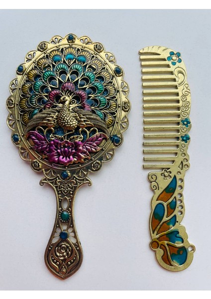 Ayna Tarak Seti, Kutulu-Metal-Hediyelik Takım, 13CM Aynalı Saç Fırçası, Tavuskuşu Figürlü indirimleri