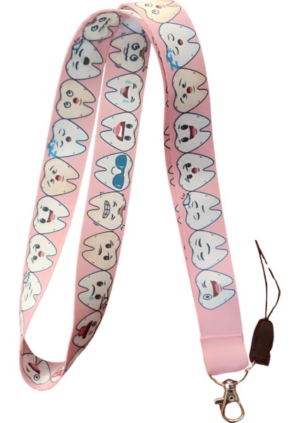 Pembe Sevimli Dişler Boyun Askı Ipi ve Telefon Askısı + Kartlık