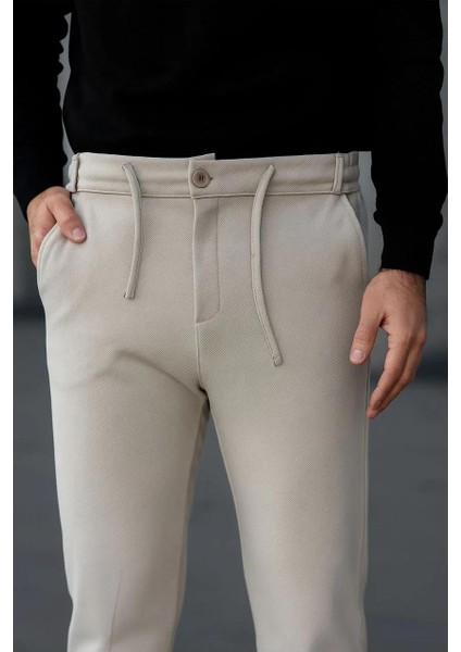 Erkek Diagonel Mikro Dokulu Cepli Pantolon - Bej