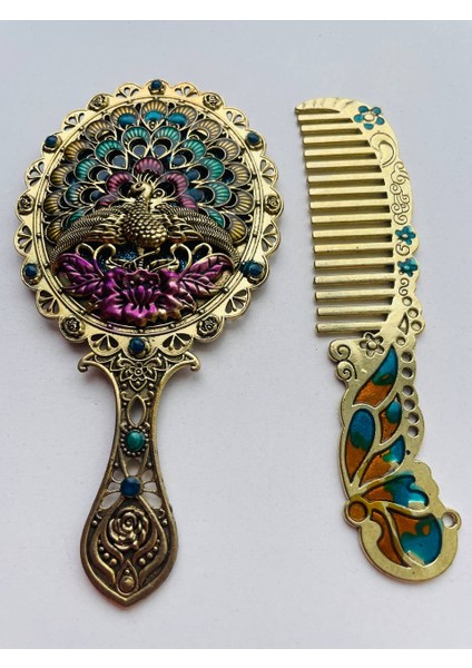 Ayna Tarak Seti, Kutulu-Metal-Hediyelik Takım, 13CM Aynalı Saç Fırçası, Tavuskuşu Figürlü