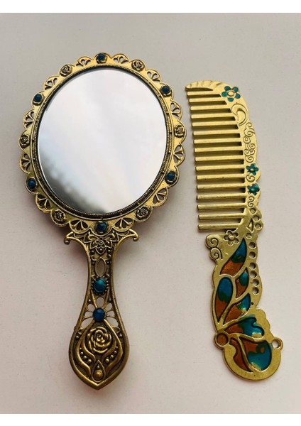 Ayna Tarak Seti, Kutulu-Metal-Hediyelik Takım, 13CM Aynalı Saç Fırçası, Tavuskuşu Figürlü