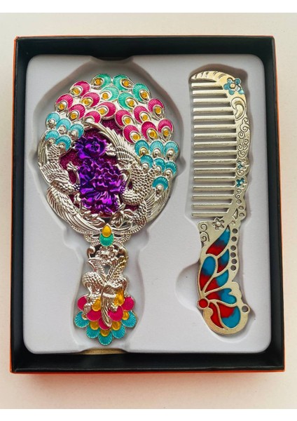Ayna Tarak Seti, Kutulu-Metal-Hediyelik Takım, 13CM Aynalı Saç Fırçası, Tavuskuşu Figürlü
