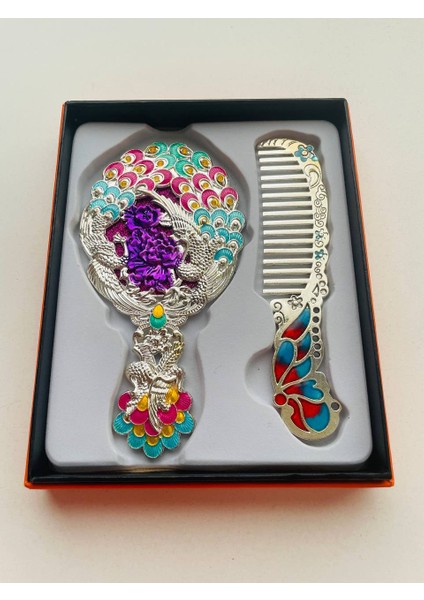 Ayna Tarak Seti, Kutulu-Metal-Hediyelik Takım, 13CM Aynalı Saç Fırçası, Tavuskuşu Figürlü modelleri
