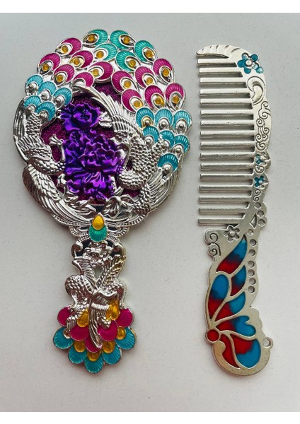 Ayna Tarak Seti, Kutulu-Metal-Hediyelik Takım, 13CM Aynalı Saç Fırçası, Tavuskuşu Figürlü fırsatları