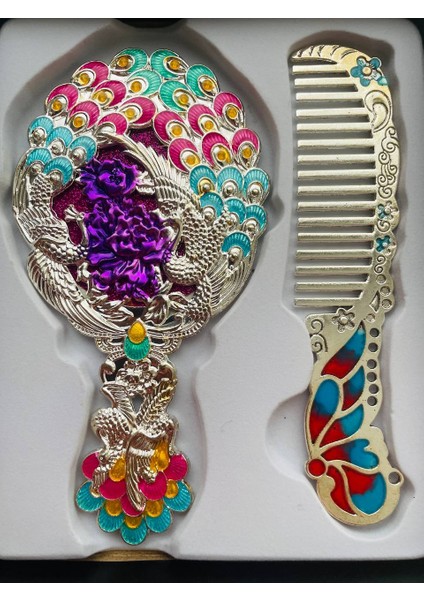 Ayna Tarak Seti, Kutulu-Metal-Hediyelik Takım, 13CM Aynalı Saç Fırçası, Tavuskuşu Figürlü indirimleri