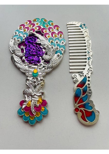 Ayna Tarak Seti, Kutulu-Metal-Hediyelik Takım, 13CM Aynalı Saç Fırçası, Tavuskuşu Figürlü