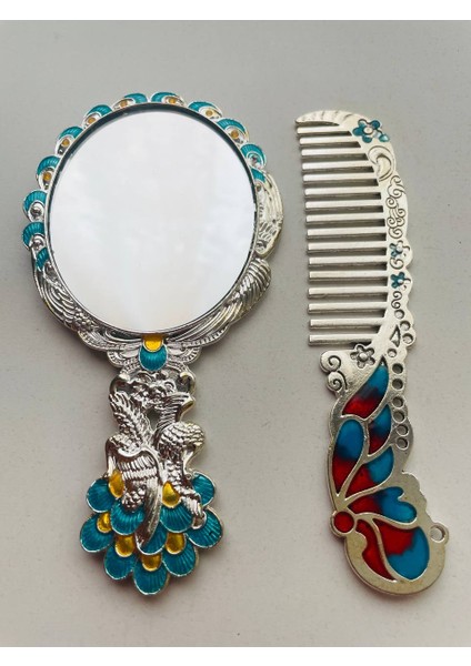 Ayna Tarak Seti, Kutulu-Metal-Hediyelik Takım, 13CM Aynalı Saç Fırçası, Tavuskuşu Figürlü