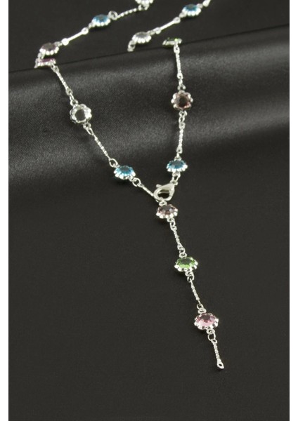 Çiçek Zirkon Taşlı Çelik Y Kolye