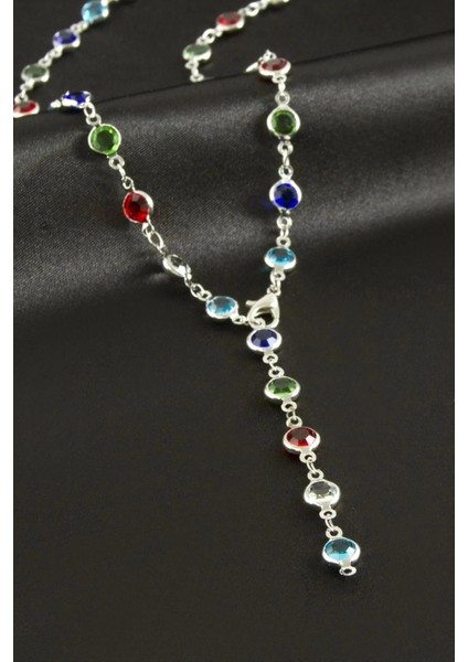 Yuvarlak Zirkon Taşlı Çelik Y Kolye