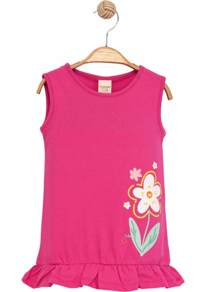 Kız Çocuk Fuşya Kolsuz Pamuklu Elbise - Çiçek Desenli Elbise Fırfırlı Etek Ucu