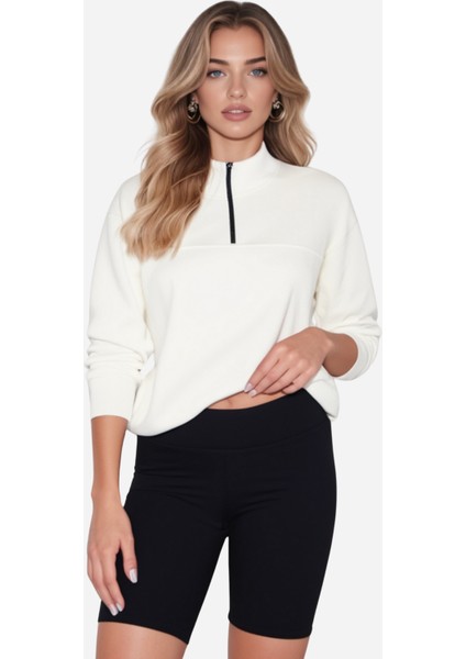 Unisex Relax Fit Rahat Kesim Pamuklu Içi Polarlı Yarım Fermuarlı Dik Yaka Sweatshirt