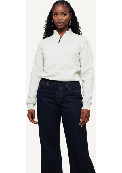 Unisex Relax Fit Rahat Kesim Pamuklu Içi Polarlı Yarım Fermuarlı Dik Yaka Sweatshirt fırsatları