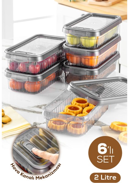 6lı Kendinden Çizgili Kilitli Kapaklı Saklama Kabı Seti 2 L Antrasit
