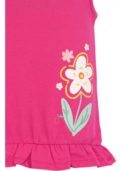 Kız Çocuk Fuşya Kolsuz Pamuklu Elbise - Çiçek Desenli Elbise Fırfırlı Etek Ucu fiyatları